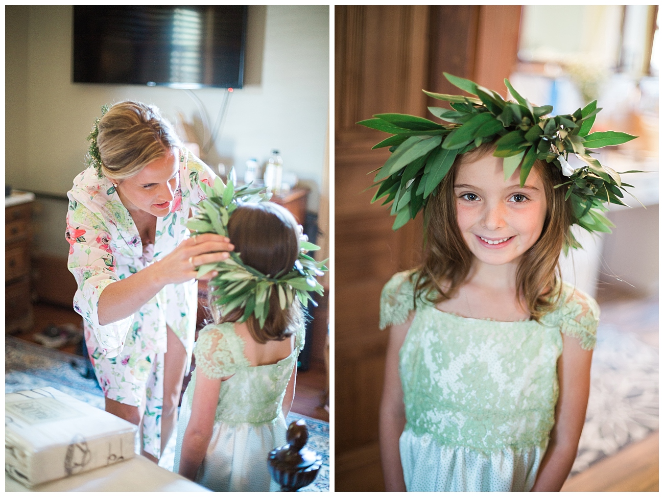 bride and flower girl getting ready triple s ranch napa wedding